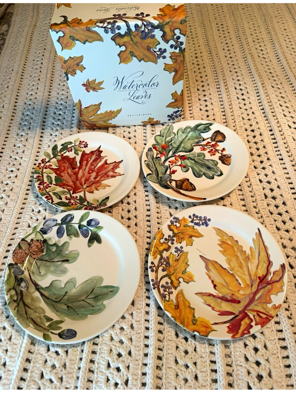 Pottery Barn Watercolor Leaves Salad Plates Set of 4 Ceramic Microwave Safe
